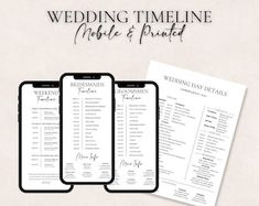 three black and white menus with the text wedding time line mobile & printable