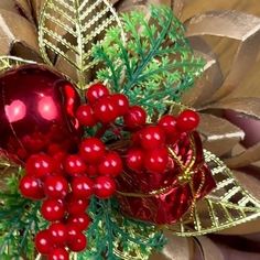 red berries and green leaves are on the top of a christmas decoration ornament