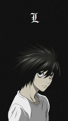 an anime character with black hair and white shirt looking down at something in the dark