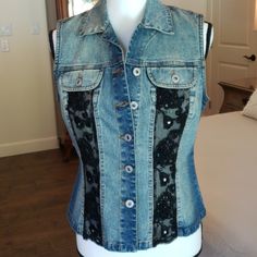 Stonewashed Jean Vest With Sequins And Black Lace. Nwt Fitted Distressed Denim Vest For Winter, Stonewashed Jeans, Patchwork Denim Jacket, Pink Denim Jacket, Embroidered Denim Shorts, Embellished Denim Jacket, Metallic Jeans, Jean Vest, Embellished Denim