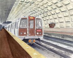 a watercolor painting of a subway train pulling into the station