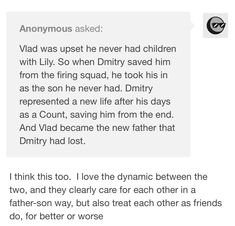 a text message that reads, anonymous asked via was upset he never had children with lily so when dritter saved him from the