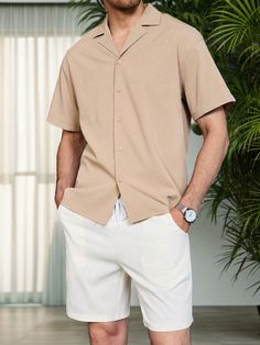 Hombres Camisa de cuello de solapa sólida y pantalones cortos Caqui Casual    Liso  No-Elástico  Men Clothing, size features are:Bust: ,Length: ,Sleeve Length: Pastel Casual Outfit For Men, Linen Short Sleeve Shirt Outfit, Pastel Color Outfit For Men, Pastel Outfit Men, Wedding Guest Outfit Men, Pastel Shirt, Co Ords Outfits, Casual Party Outfit