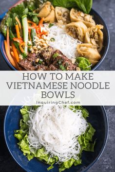 two bowls filled with noodles, meat and veggies on top of each other