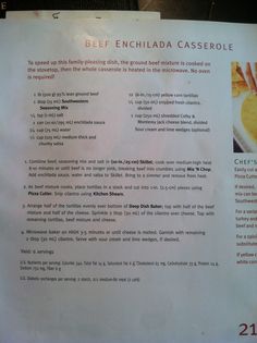 the menu for beef enchilada casserole is displayed on a table