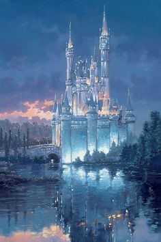 a painting of a castle in the middle of a body of water at night time