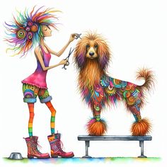 a painting of a woman combing her dog's hair with colorful boots and leggings