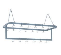 a metal shelf with hooks hanging from it