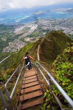 a man sitting on top of a wooden stair case next to a lush green hillside