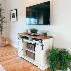 a flat screen tv mounted to the side of a white cabinet next to a potted plant