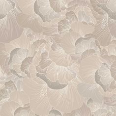 an abstract floral wallpaper design in beige and grey tones, with large flowers on the side