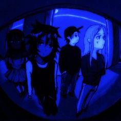 an anime scene with three people standing in front of a blue background and one person looking at the camera