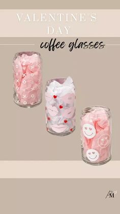 valentine's day coffee glasses with hearts and buttons in glass jars on a beige background