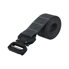 a black belt that has a metal buckle on the side and is attached to it