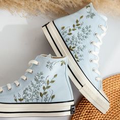 '' Custom Converse Chuck Taylor Flower Embroidered Converse Shoes, Wedding Shoes for Bride Sneaker, Powder Blue Converse Flower, Valentine Gift '' 🍀 Price includes Converse Shoes and Floral Embroidery Designs as shown 🍀 🍀 Shoe Type: Converse 1970s 🍀 Shoe color: 13. Powder Blue_1970s 1. DETAILS 🍀 You can send me your Converse, Vans, canvas shoes or I can buy them for you. Custom-ordered embroidered Vans and Converse shoes, please wait another 2-4 days. Each pair is hand embroidered to order, please make sure you put in the correct shoe size before you check out. The embroidery is meticulous and does not fade. 🍀 You will receive Vans and Converse shoes with floral embroidery designs as above. 2. PERSONAL EXPRESSION 🍀 Create your unique vibe by your own design of embroidery! In additio Lavender Converse, Converse Bleu, Customized Converse, Converse Embroidery, Cute Converse Shoes, Garden Lavender, Embroidered Sneakers, Embroidered Converse, Cute Converse