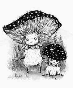 two mushrooms are standing next to each other in the woods, one is holding an umbrella