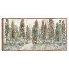 a painting with trees in the background and snow on the ground, along with a dirt road