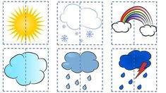 four different types of clouds and rain are shown in this printable puzzle game for kids