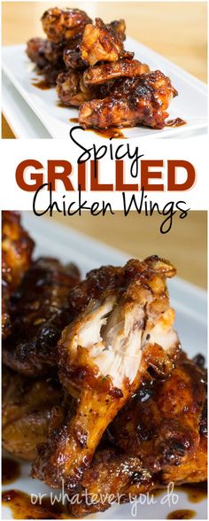 grilled chicken wings on a white plate with the words spicy grilled chicken wings