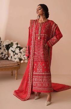 Traditional Red Dress Pakistani in Kameez Trouser Style Yellow Knee Length Dress, Dress Pakistani, Dupatta Style, Pakistani Party Wear, Red Long Sleeve Dress, Dresses 2022, Beautiful Pakistani Dresses, Eid Dresses, Uk Clothing