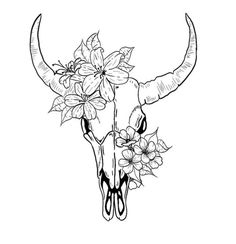 a bull's skull with flowers on its head is drawn in black and white