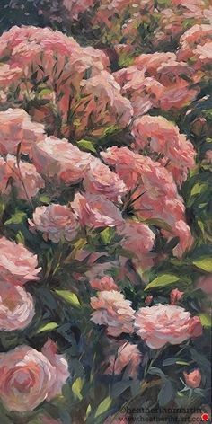 an oil painting of pink roses in bloom