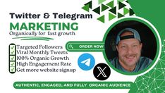 an ad for twitter marketing featuring a man with headphones on and green triangles in the background