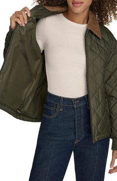 A water-resistant finish brings cold-weather versatility to this diamond quilted jacket, topped with a charming corduroy collar. Front zip closure Spread collar Long sleeves Lined, with polyester fill 100% polyester Machine wash, tumble dry Imported Collar Jacket, Diamond Quilt, Quilted Jacket, Army Green, Cold Weather, Nordstrom Rack, Levi's, Water Resistant, Nordstrom