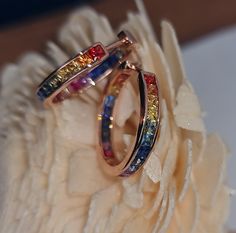 Handmade Natural heated sapphire Rainbow hoop earrings (42pc sapphire) Can be customized in gradual or mixed color.  Can be made in any length in about a week, with additional charges.  Sapphire size: 2mm  Earring measurement Outer Diameter: 18.7mm Inner Diameter: 15.3mm Our Jewelry ✨ 100% hand made  ✨ All our jewelry is Nickel Free  ✨ Tarnish Resistant  ✨ High Quality Materials  ☆ Over 1000+ GIA certified diamonds available  ☆ Over 10,000+ other gemstones available ☆ All types of metal availabl Rainbow Hoop Earrings, Rainbow Diamond, Rainbow Jewelry, Fancy Gifts, Rainbow Earrings, Sapphire Earrings, I Love Jewelry