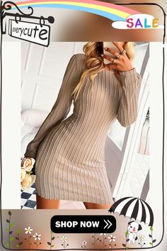 Apricot Hollow-out Back Knit Long Sleeve Dress Knitted Mini Sweater Dress For Party, Beige Bodycon Sweater Dress For Party, Knitted Long Sleeve Mini Dress For Party, Beige Knitted Party Dress, Beige Knit Mini Dress For Parties, Fall Party Sweater Dress In Beige, Fall Party Knitted Mini Dress, Knit Long Sleeve Dress, Backless Long Sleeve