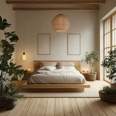 a large bed sitting inside of a bedroom on top of a wooden floor next to potted plants