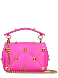 Height: 16cm Width: 25cm Depth: 10cm. Adjustable metal chain strap . Front flap closure. Studded details Pink Shoulder Bags, Shoulder Bag Pink, Studded Bag, Studded Leather, Powder Pink, Medium Bags, Green Bag, Pink Bag, Metal Chain