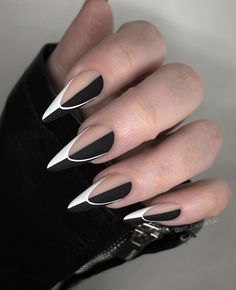 Black And White Nail Designs, Witchy Nails, Her Nails, French Acrylic Nails, White Nail Designs