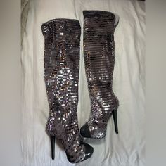 New Never Worn. Silver/Mirror Sequins. Over The Knee Boots. From Beyonc’s (Now Discontinued) Fashion Line. Silver Mirror, Fashion Line, Silver Mirrors, Over The Knee Boots, Over The Knee, Knee Boots, The Knee, Size 6, Women Shoes