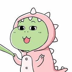 a green and pink dinosaur holding a toothbrush