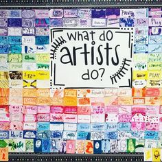 what do artists do? written on a multicolored background with lots of small squares