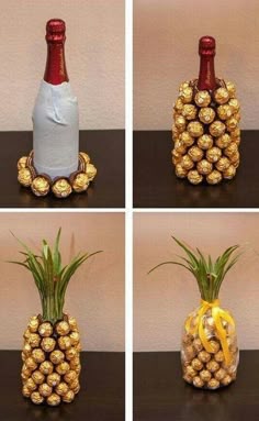 four pictures of pineapples and a bottle of wine in different stages of being decorated