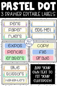 three different types of labels with the words pastel dot and 3 drawer editable labels