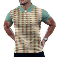 Polo Shirt Men, Retro Shirt Men, 60s style top, Men's polo, Multicolor Polo, Men's Stripe Shirt,Polo Top Men,Vintage Style Shirt, Mint Green Designed in California, Handmade to order from overseas I designed this for those who loves polo shirts with a vintage 60s style shirt vibe. It's got a blusih green sleeves and collar. Multicolor wavy stripe pattern print. Front button enclosure. Short sleeves. Great for any special occasion whether you're out with friends or attending a party. Great with d Vintage Summer Polo Collar T-shirt, Retro Green Short Sleeve Polo Shirt, Retro Polo Collar T-shirt For Summer, Vintage Green Short Sleeve Polo Shirt, Vintage Green Cotton Polo Shirt, Retro Green Collared T-shirt, Vintage Green Collared T-shirt, Retro Cotton Polo Shirt With Johnny Collar, Vintage Polo Collar T-shirt For Summer