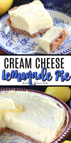 this is an image of a lemonade pie on a blue and white plate with the words cream cheese lemonade pie