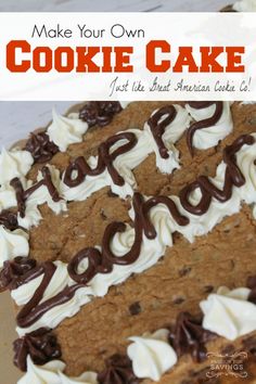 a cookie cake with white frosting and chocolate swirls