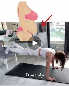 a woman in white shirt doing push ups on yoga mat with red arrow pointing up