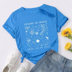 Summer Women T Shirt Versatile 100% Cotton Universe Space Stars Print Short Sleeve Oversized Tshirts Casual Graphic Tee Tops Letter Model, Space Stars, Buy Tshirts, Women T Shirt, Patterned Shorts, Star Print, Tshirts Online, Shirt Online, Top Tee