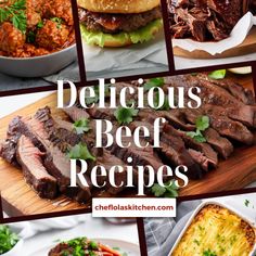 the cover of delicious beef recipes, with pictures of different meats and vegetables on it