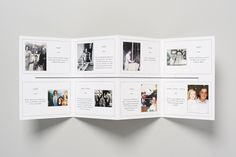 an open brochure with pictures of people in black and white on the pages