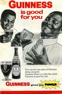 an advertisement for guinness beer with two men drinking and one is holding a glass in his hand