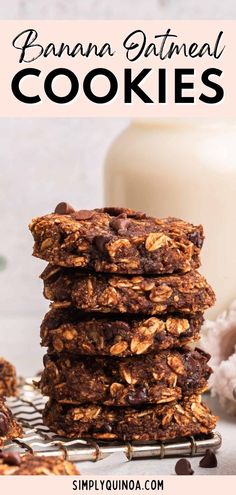 a stack of chocolate banana oatmeal cookies next to a glass of milk