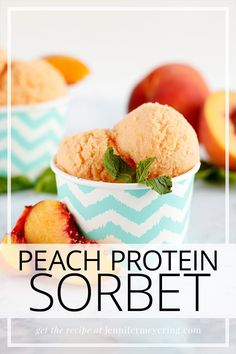 peach protein sorbet in blue and white bowls