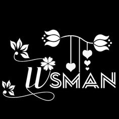 the usman logo with flowers and hearts hanging from it's sides on a black background