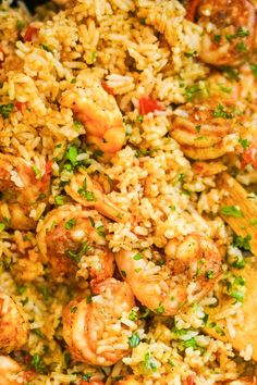 rice with shrimp and parsley in a skillet ready to be eaten for dinner